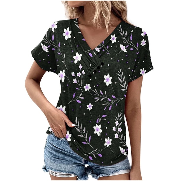 Tops de Algodón para Mujeres Cuello en V Moda Casual Manga Corta Primavera Verano Top para el Hogar Y Diario