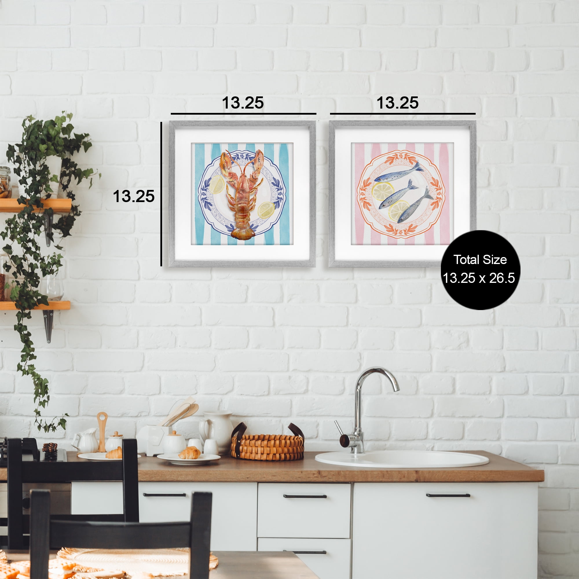 Stupell Industries Lobster & Sardines Plates 2 Piece Gray Framed Print Under Glass Set, design by Christie Adams