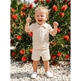 thumbnail image 4 of BemeyourBBs Toddler Baby Boy Summer Clothes Infant Baby Boys Summer 2 Piece Outfits 6 12 18 24 Months 2 3 4 Years Waffled Short Sleeve Lapel Collar Half Zip Shirt Tops and Shorts 2Pcs Set, 4 of 9