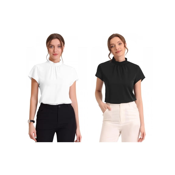 NOMADIC NOOK Women's 2 Packs Stand Collar Cap Sleeve Keyhole Back Elegant Business Blouse