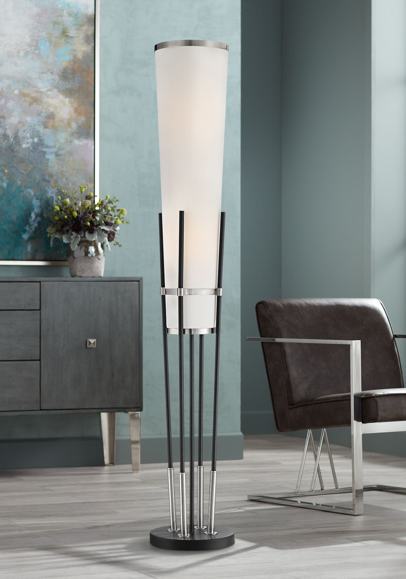 Possini Euro Design Modern Torchiere Floor Lamp 64" Tall Satin Black