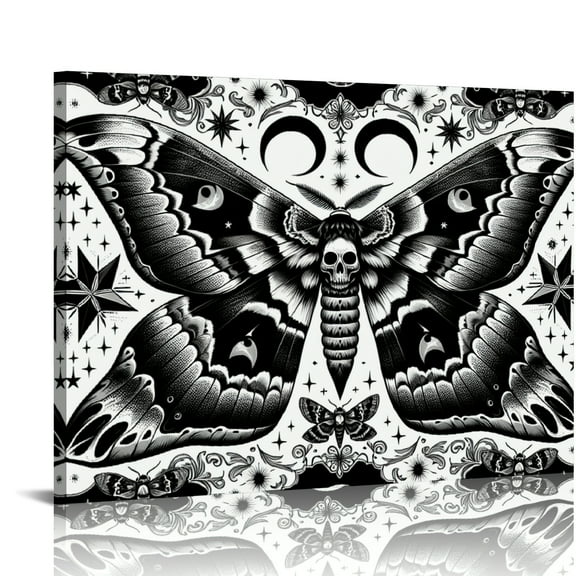 YILUYINQING Skull Moths and Celestial Motifs Wall Art Canvas, Home and Room Decor for Bathroom, Ready To Hang 16x12in