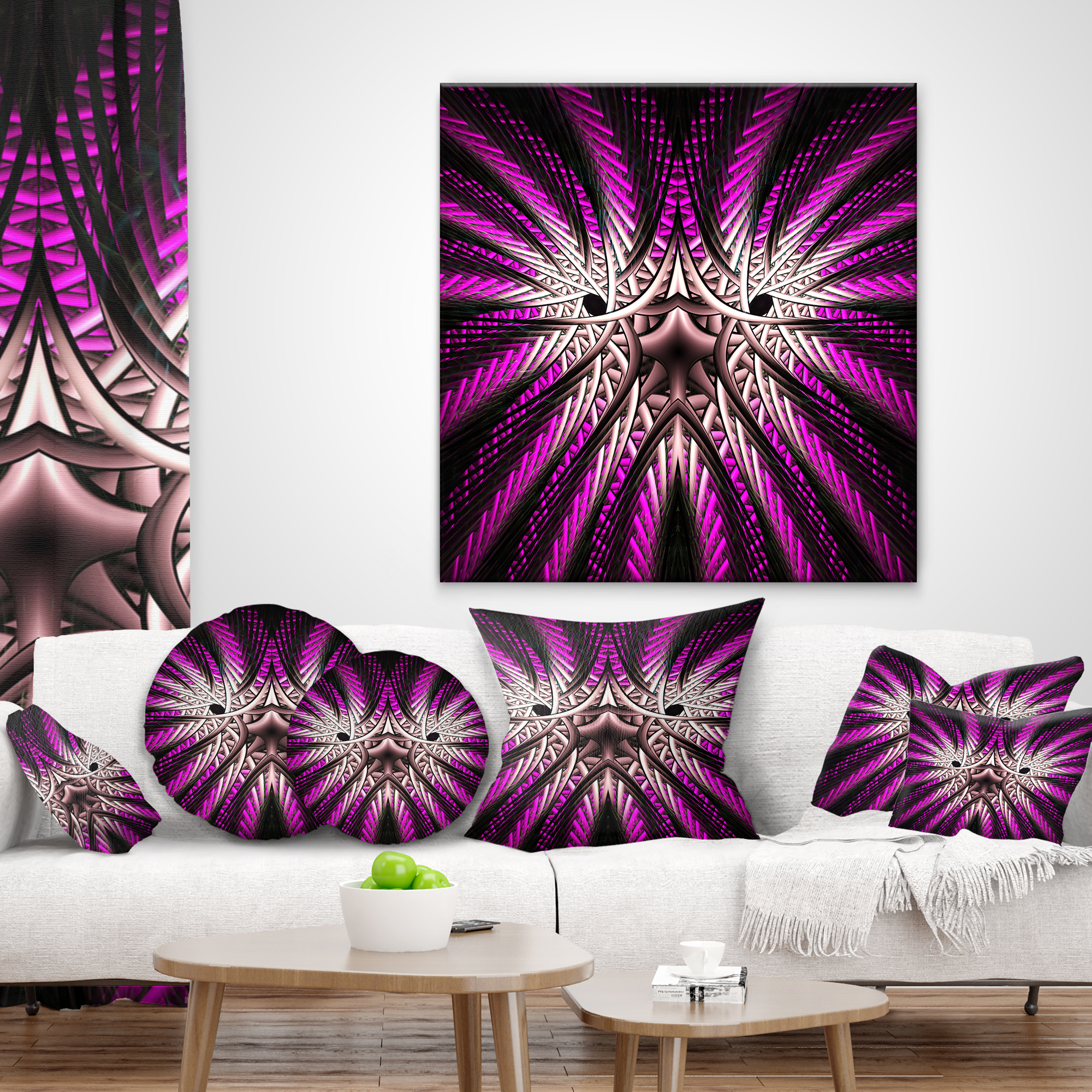 Designart Glowing Purple White Fractal Flower - Abstract Throw Pillow - 12x20