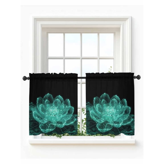 Teal Black Floral Tier Curtains 24 Inch Length,Sheer Curtains for Bedroom Living Room Window Modern Minimalist Ombre Botanical Rod Pocket Drapes Kitchen Curtains Small Half Window 27.5"x24" 2 Panels