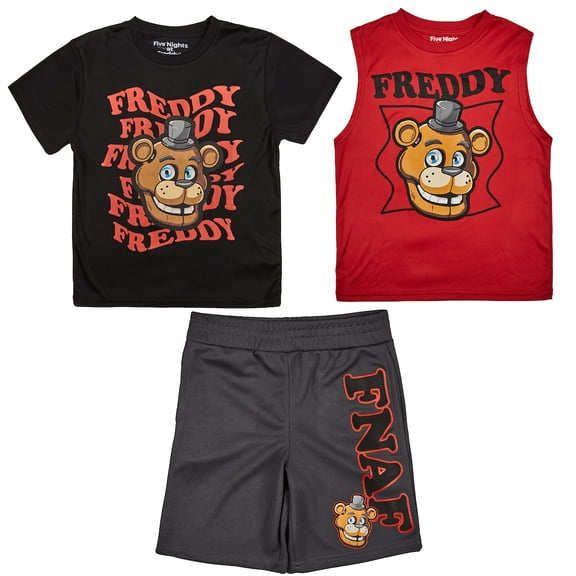 Five Nights At Freddy's 3-Pack Boy's Black Short Sleeve Tee, Red Muscle Tank, Gray Athletic Shorts Set