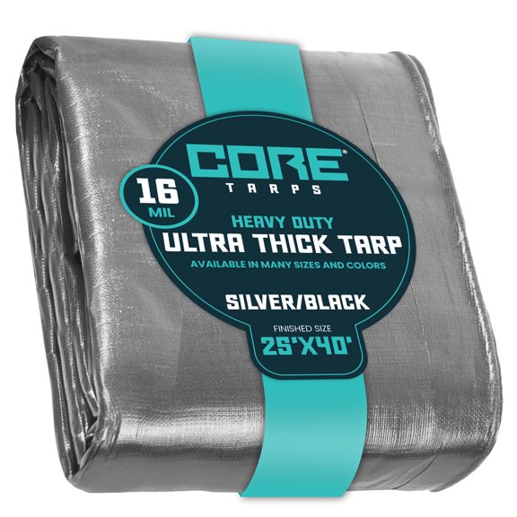 Core Tarps 16 Mil Heavy Duty Tarp Tarpaulin Waterproof Cover, Silver/Black 25′ X 40′Ft