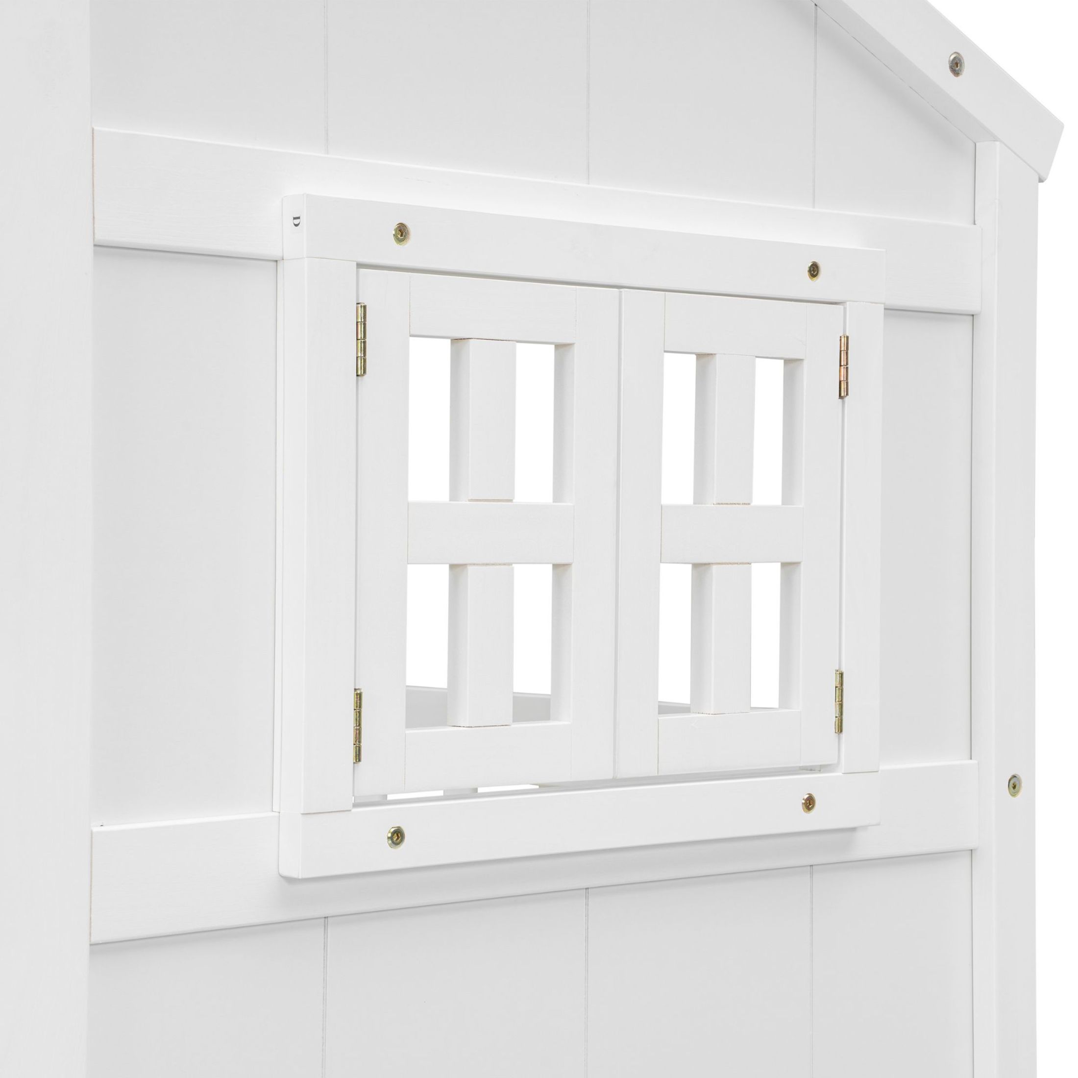 Noble House Full Size House Loft Bed, Pine Wood Frame with Roof, Windows, Ladder, and Storage Drawers, White