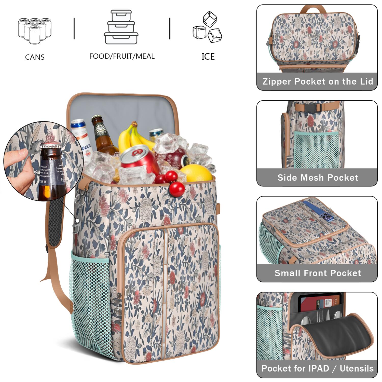 Travel Cooler Bag - Pioneer Flower Floral Print Pattern Camping Beer Cooler Backpack with Bottle Opener- Waterproof Insulated Picnic Backpacks - Cooler Bag for Beach