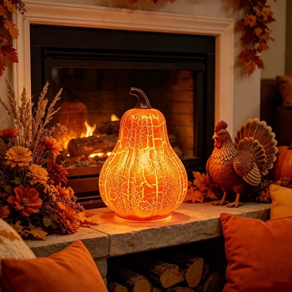 Vaidhai Halloween & Thanksgiving Double Gourd Crackled Resin Pumpkin Light, Battery Operated Warm LED Fall Tabletop Mantel Decor
