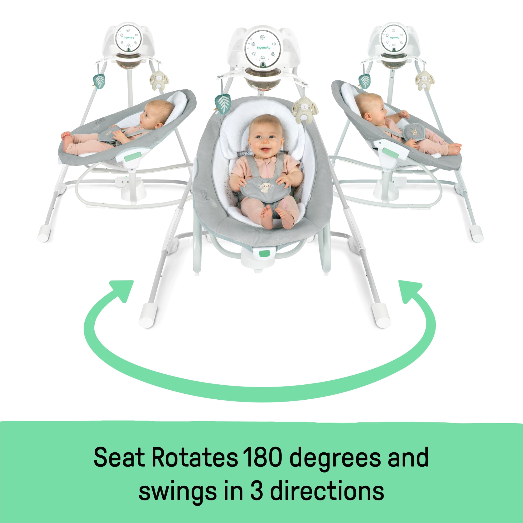 InLighten Soothing Swing & Rocker, Vibrating Swivel Infant Seat, Soothing Sounds, USB-Powered, Gray
