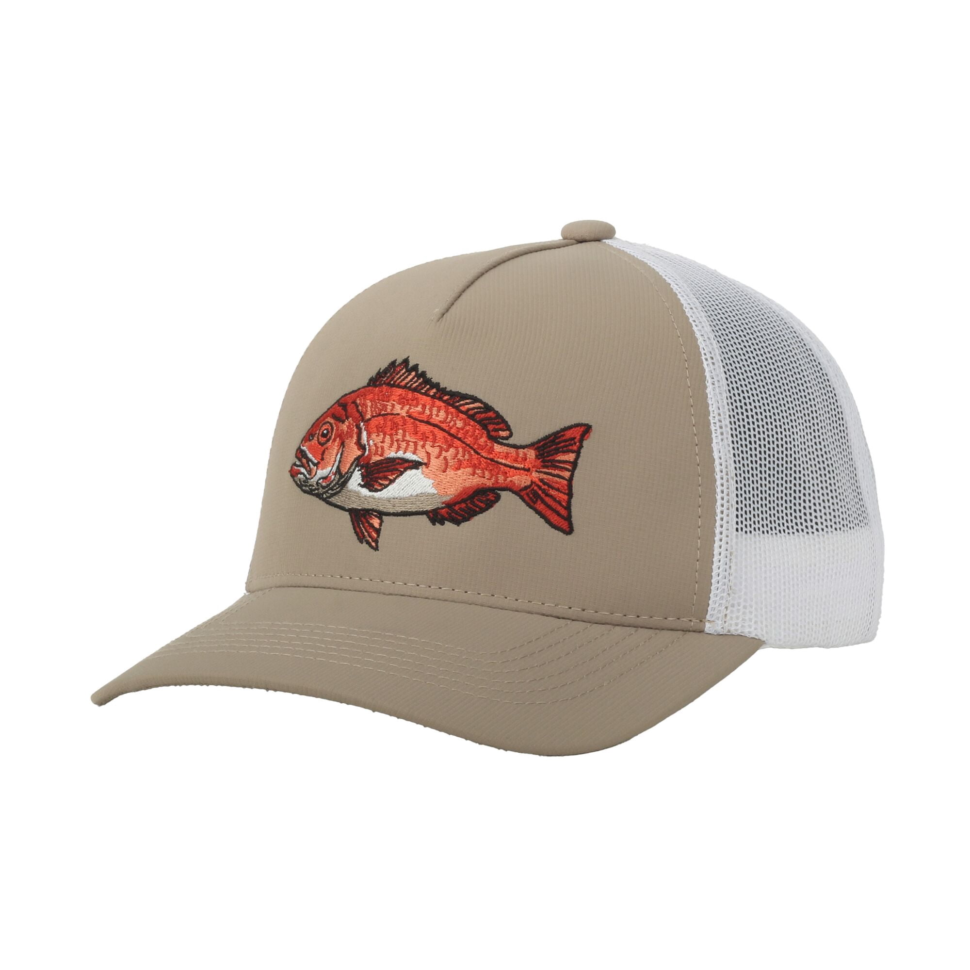 Khaki/White Red Snapper 5-Panel Fishing Cap – Structured, Embroidered, Snapback, One Size