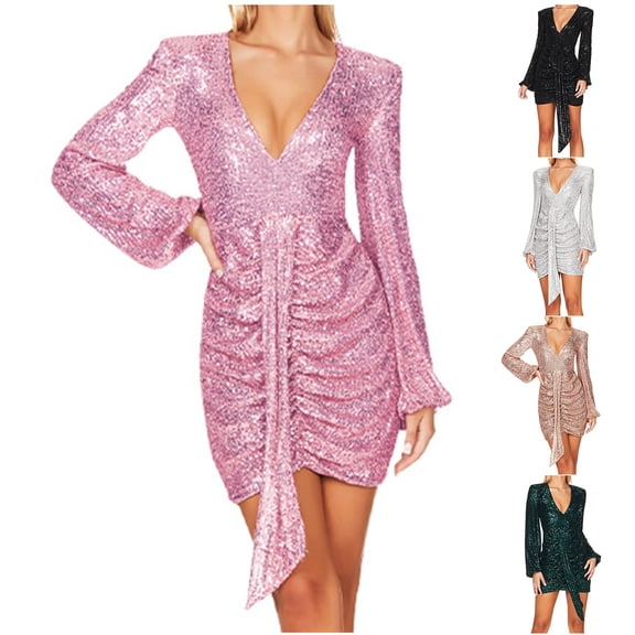 Swuxness Women Long Sleeves Bodycon Dress, Women Mini Evening Gown, Women's V Neck Long Sleeve Ruched Belted Sequined Bodycon Short Formal Evening Gown Silver, M