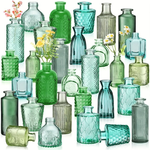 30 Pcs Vases Bulk Colored Flower Glass Christmas Vases Bud Vintage Colored Glass Bottles Colorful Rustic Emed for Home Wedding Table Decorations Gifts Green Series
