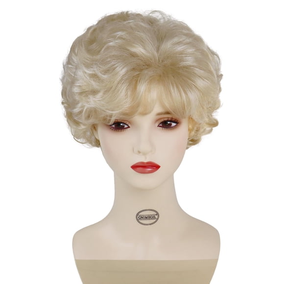 GNIMEGIL-peluca Rubio Dorado de pelo corto y rizado Natural para mujer, pelucas de cortes Pixie con flequillo, pelucas en capas sintéticas, peluca de Cosplay para niña