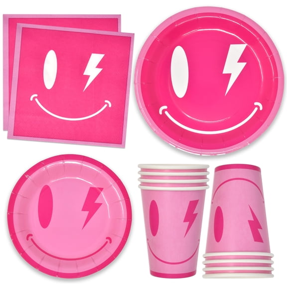 Gift Boutique 96 Pieces Preppy Birthday AFN1Party Supplies Set Paper Plate Cup Napkin for Smile Face Hippie Girls Bachelorette Disposable Tableware Serves 24 - Pink