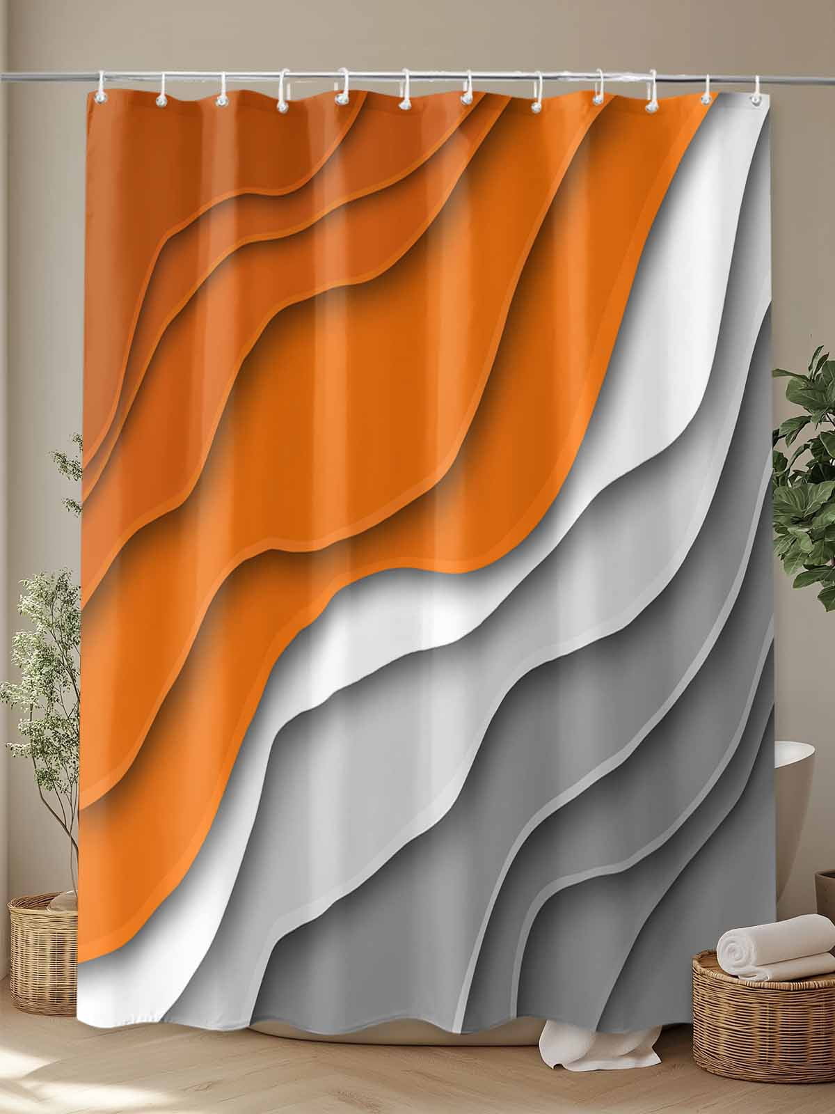 Orange Grey Ombre Stall Shower Curtain, Waterproof Shower Curtains for Bathroom, Modern Geometric Abstract Aesthetics Cream Washable Fabric Cloth Bath Curtain for Bathtub with Hooks 36x72 Inches