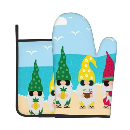 

Gaeub Gnomes On The Beach Print Oven Mitts and Pot Holders Sets of 2 Heat Resistant Pad Cooking Gloves for Baking BBQ Home Decor