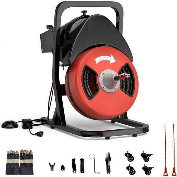 Accreate 50FTx1/2 Inch Drain Cleaner Machine, Sewer Snake Electric Drain for 2" to 4" Pipes, Plumbing Snake Auger Cleaner with Wheels & 4 Cutter & Foot Switch for Sewer, Sink, Toilet