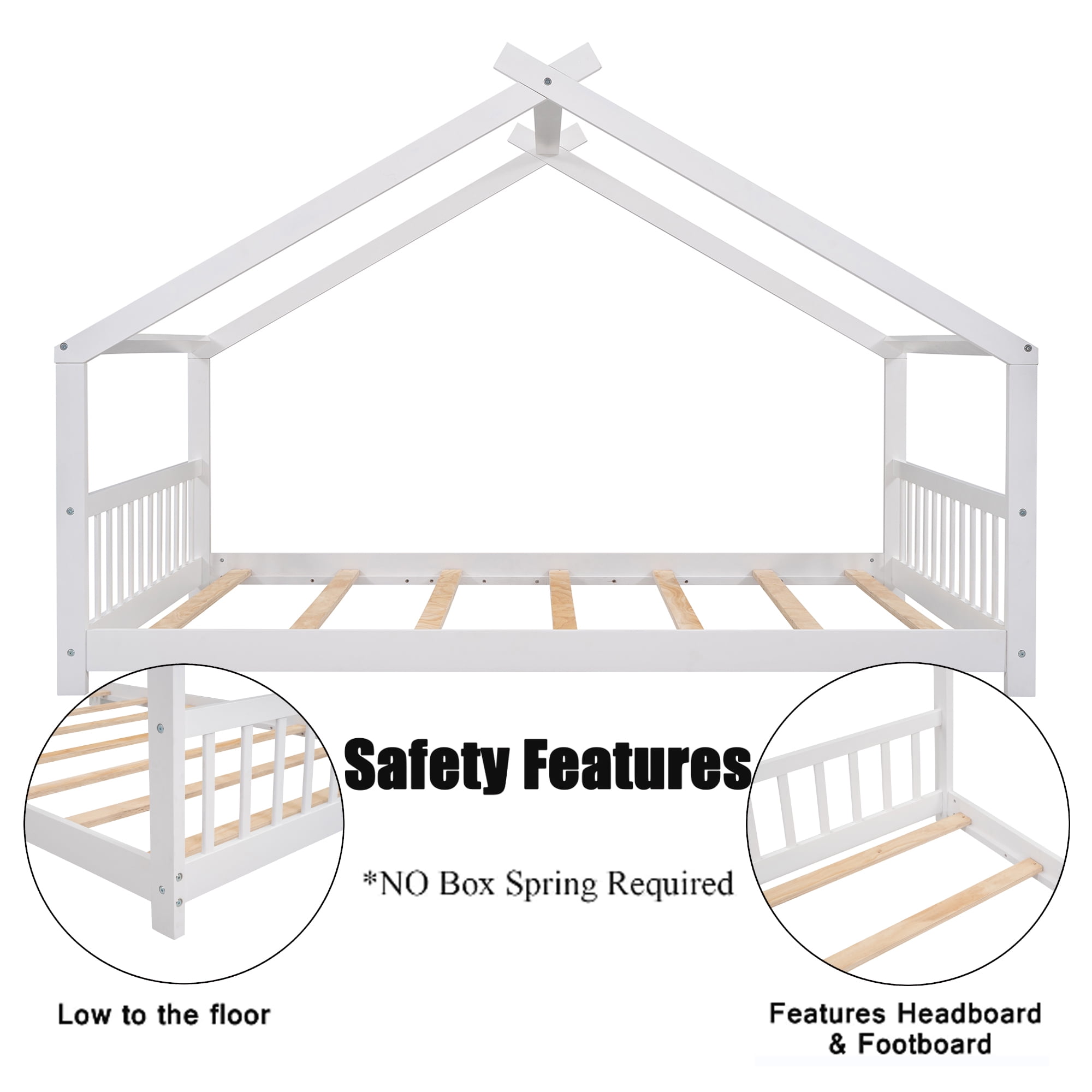 Full Size House Bed, Montessori Style Floor Bed Frame, Wood Fun Playhouse Twin Bed with Headboard and Footboard for Teens（White)