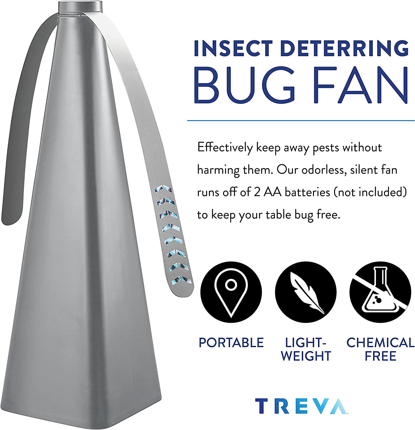 Treva Chemical Free Bug Fan Fly Deterrent with Holographic Blades to Clear Bugs, Mosquitoes, and Flies, Battery Powered Fly Fan - Silver, 2 Pack