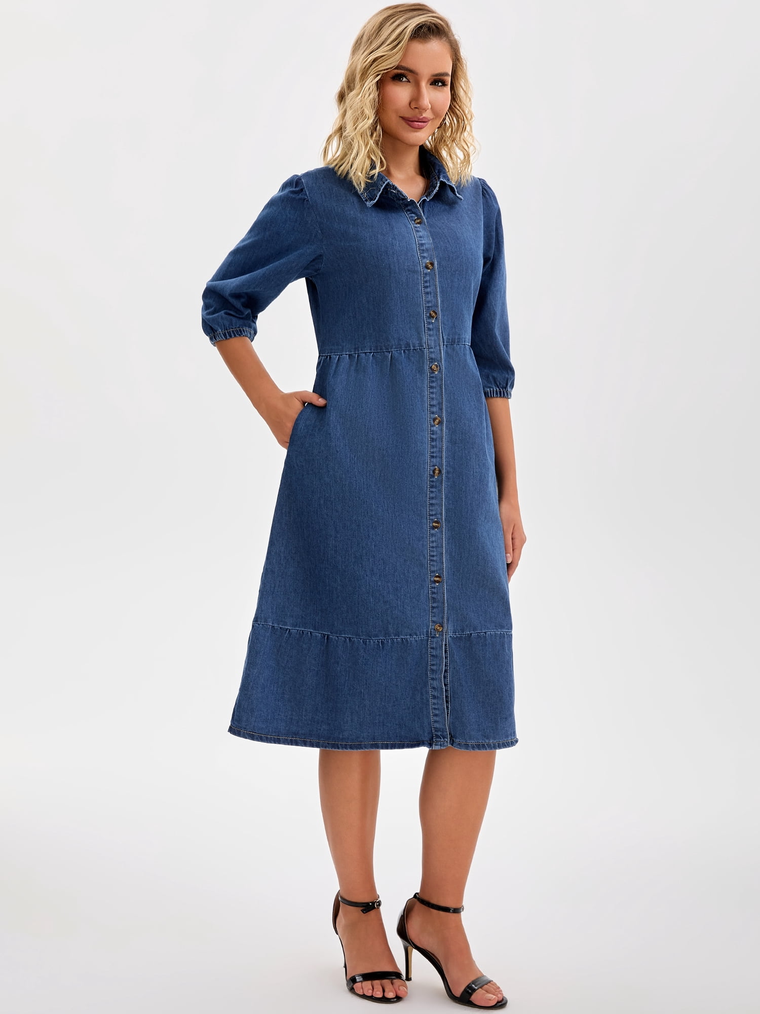DARING DIVA Women's 3/4 Sleeve Button Down Collar Swing Tiered Dress 2XL Dark Blue