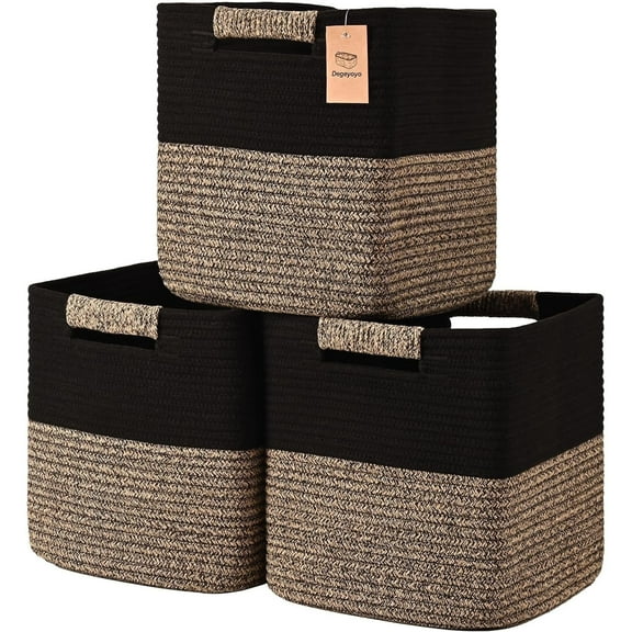 Natubeau 3 Pack Woven Storage Basket for Shelves, Cube Storage Bins, Cotton Rope Woven Baskets for Organizing, 11 Inch, Black