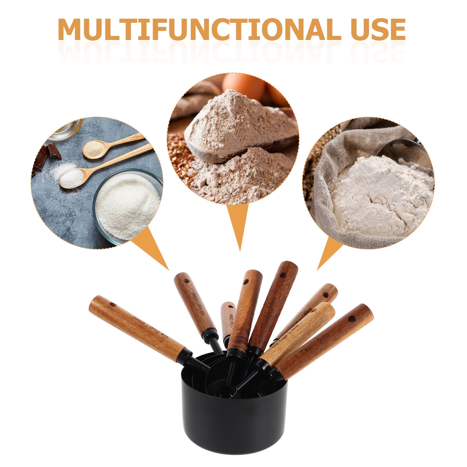 ETEREAUTY 8Pcs Stainless Steel Measuring Cups with Wood Handle Black for Home Kitchen Baking