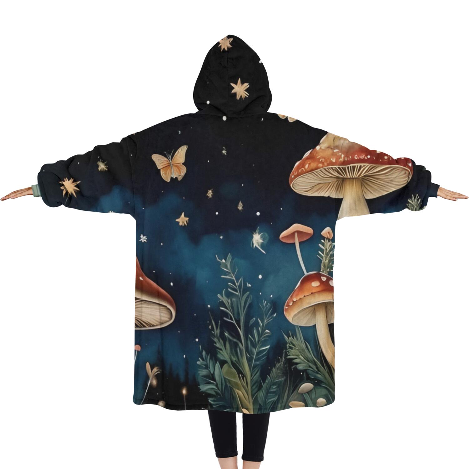 Oversized Wearable Blanket Hoodie,Colorful Mushroom Eye Black Pattern Sherpa Blanket Hoodie with Super Pockets,Super Warm Fuzzy Pullover for Women & Men