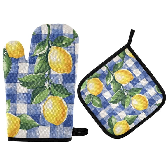 Yayeee Oven Mitts and Pot Holder Set of 2 Heat Resistant Kitchen Gloves Baking Hot Pad, Blue Plaid Lemon