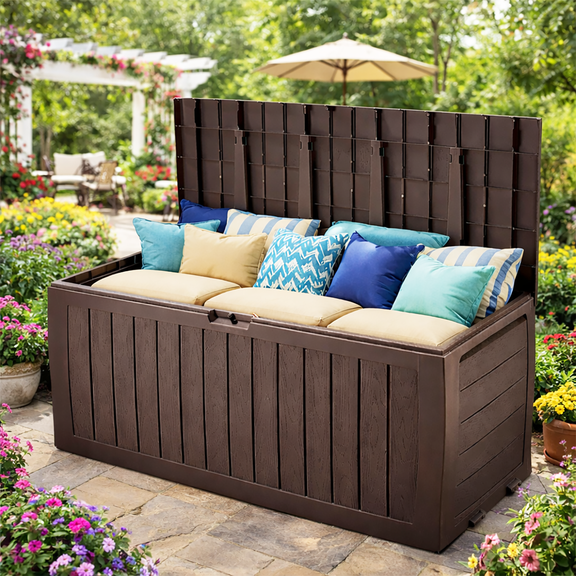 75GAL Outdoor Storage Box, Seizeen Deck Box for Outside, Storage Bench w/Wheels & Padlock, All-weather Waterproof Patio Storage Container for Cushions, as Seat Max 250LBS, Espresso