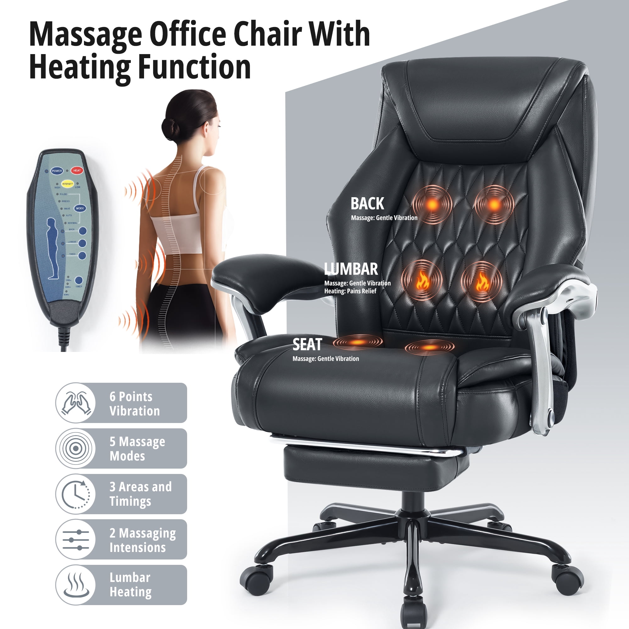 6-Point Massage Office Chair with Lumbar Support, Reclining Ergonomic Computer Desk Chair with Footrest for Full Support, PU Leather High Back Executive Computer Chair, Heated Executive Office Chair