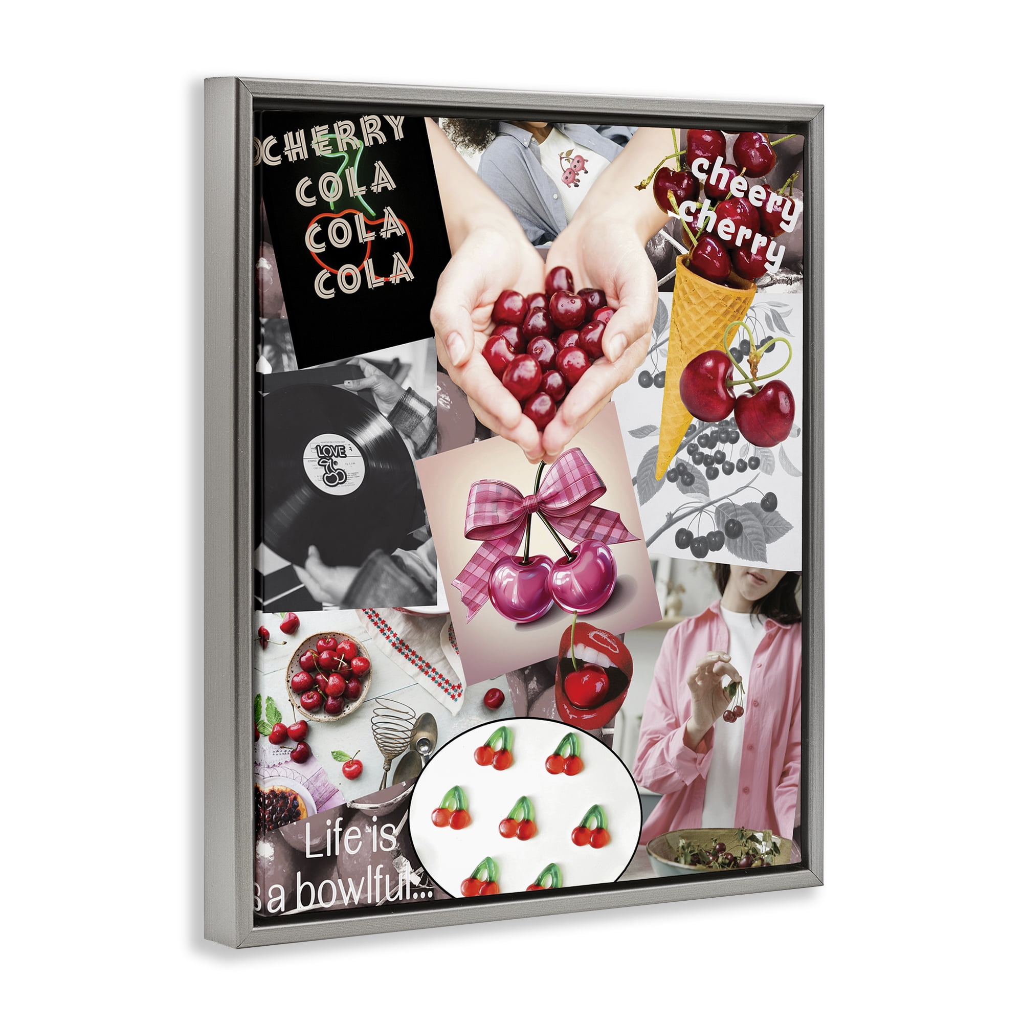 Stupell Industries Retro Cherry Mood Board Gray Framed Floater Canvas Wall Art, design by Grotto Studios