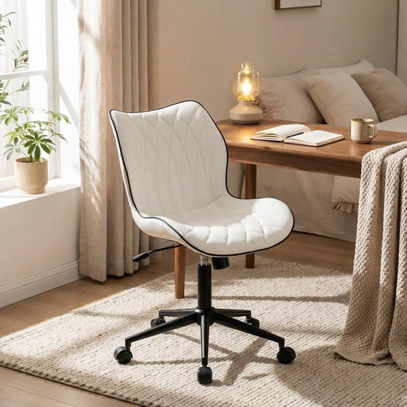 Armless Office Chair PU Leather Desk Chair with Wheels  Adjustable Swivel Mid Back Computer Chair  Rocking Vanity Seat for Bedroom  Sturdy Support  Easy to Clean  Grey