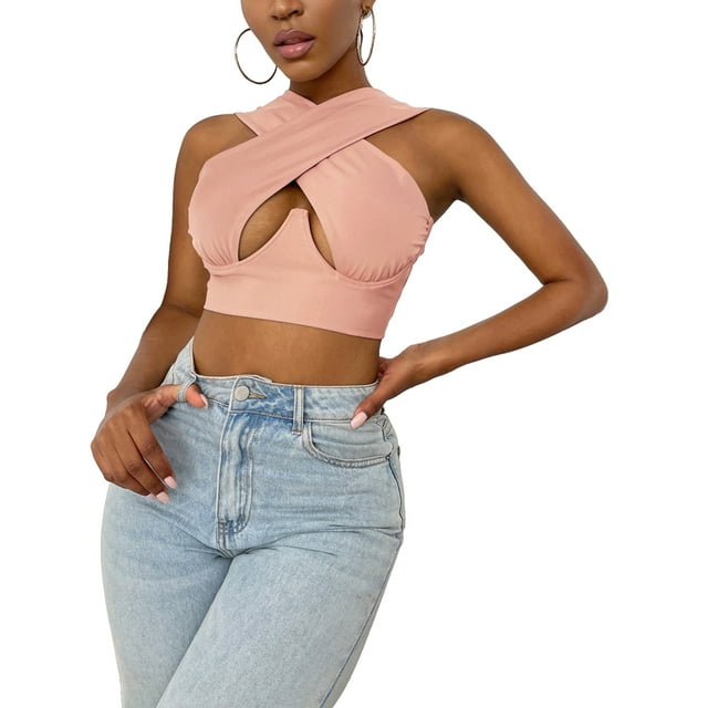 ZAXARRA Cross Wrap Crop Tops Sleeveless Solid Color Cutout Tank Tops