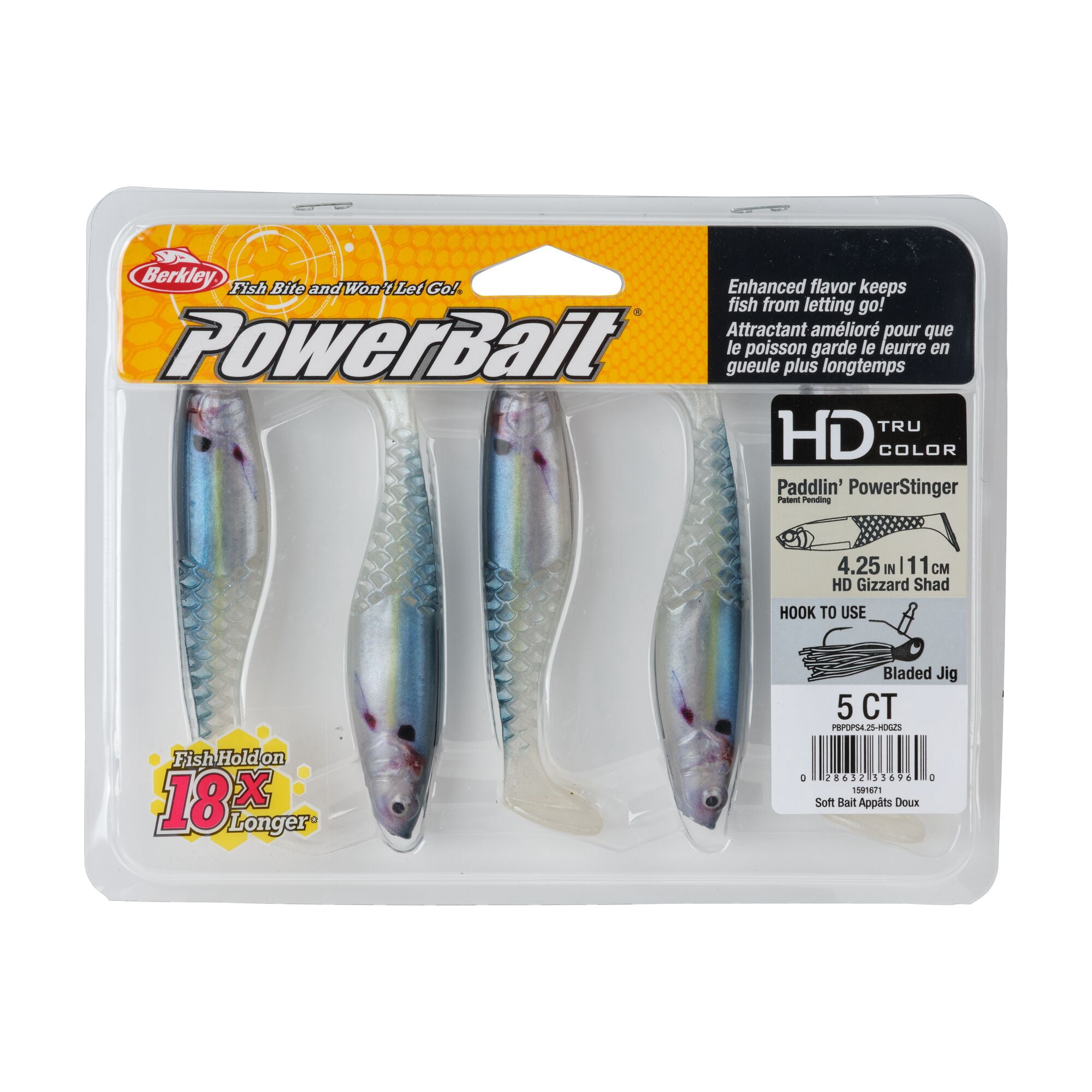 Berkley PowerBait® Paddlin' PowerStinger, 4.25 in, Swimbaits - Paddle Tail, HD Gizzard Shad (5-count)