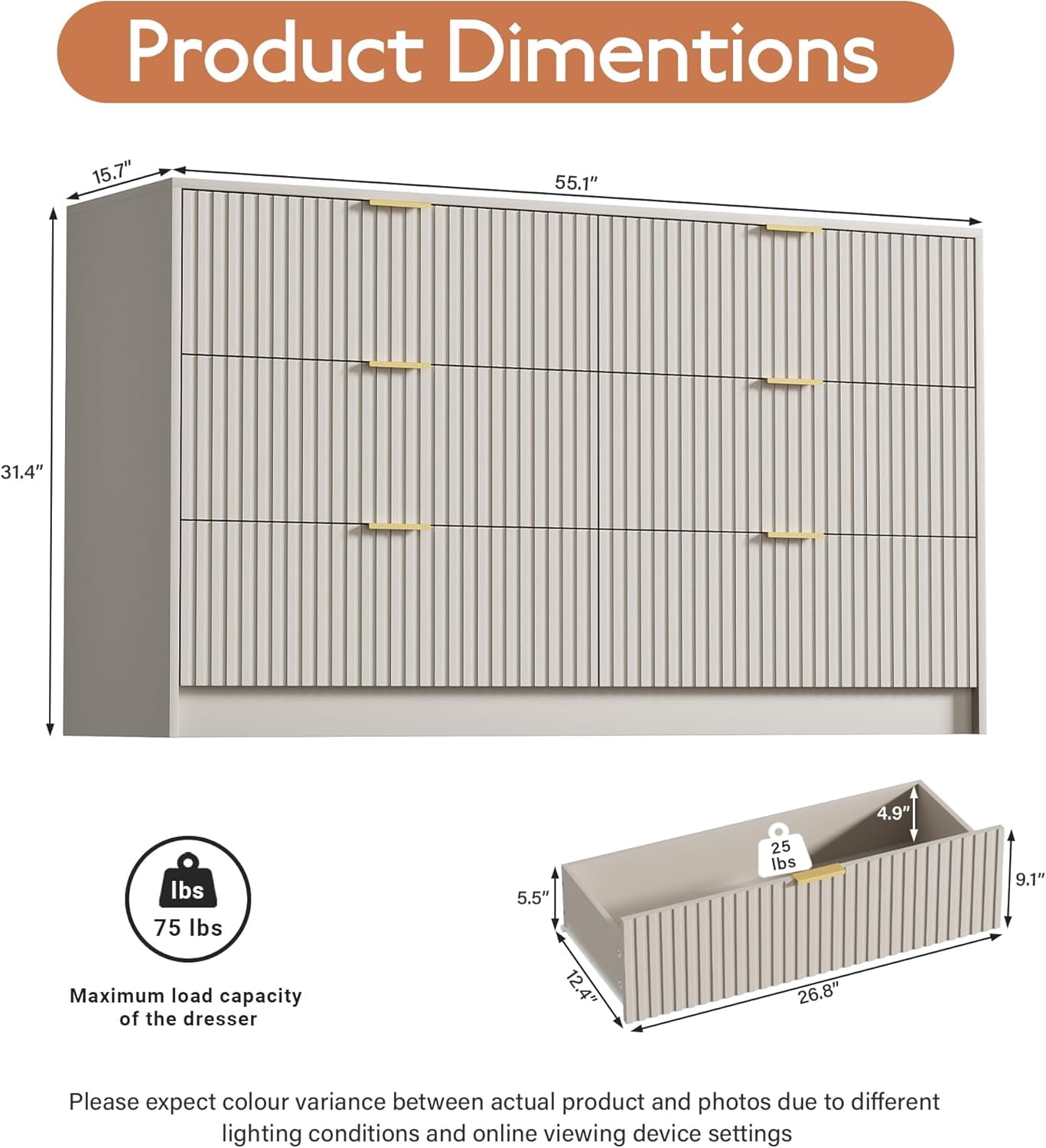 FURNIWAY Beige 6 Drawer Dresser for Bedroom, 55 Inch Wide Modern Chest of Drawers with Fluted Wood Front and Gold Metal Handles for Living Room Hallway