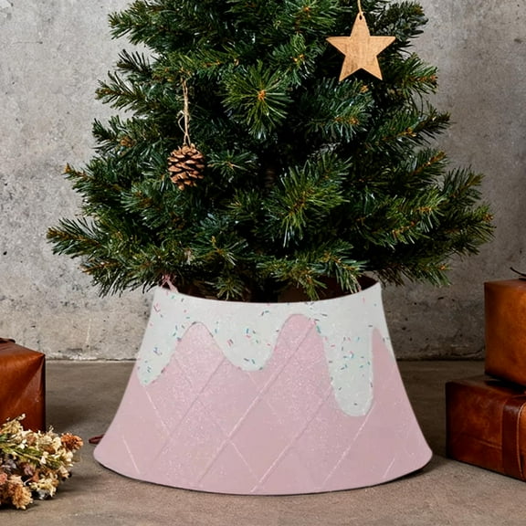 Pink Dessert Ice Cream Cone Christmas Tree Collar, Sparkling Holiday Tree Skirt Decoration, Cute Tabletop Christmas Tree Base Cover, Festive Home Holiday Décor for Living Room, Office, Party