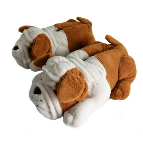 Onmygogo Indoor Fuzzy Winter Animal Bulldog Plush Slippers for Women and Men(Women Size 7-9, Brown)