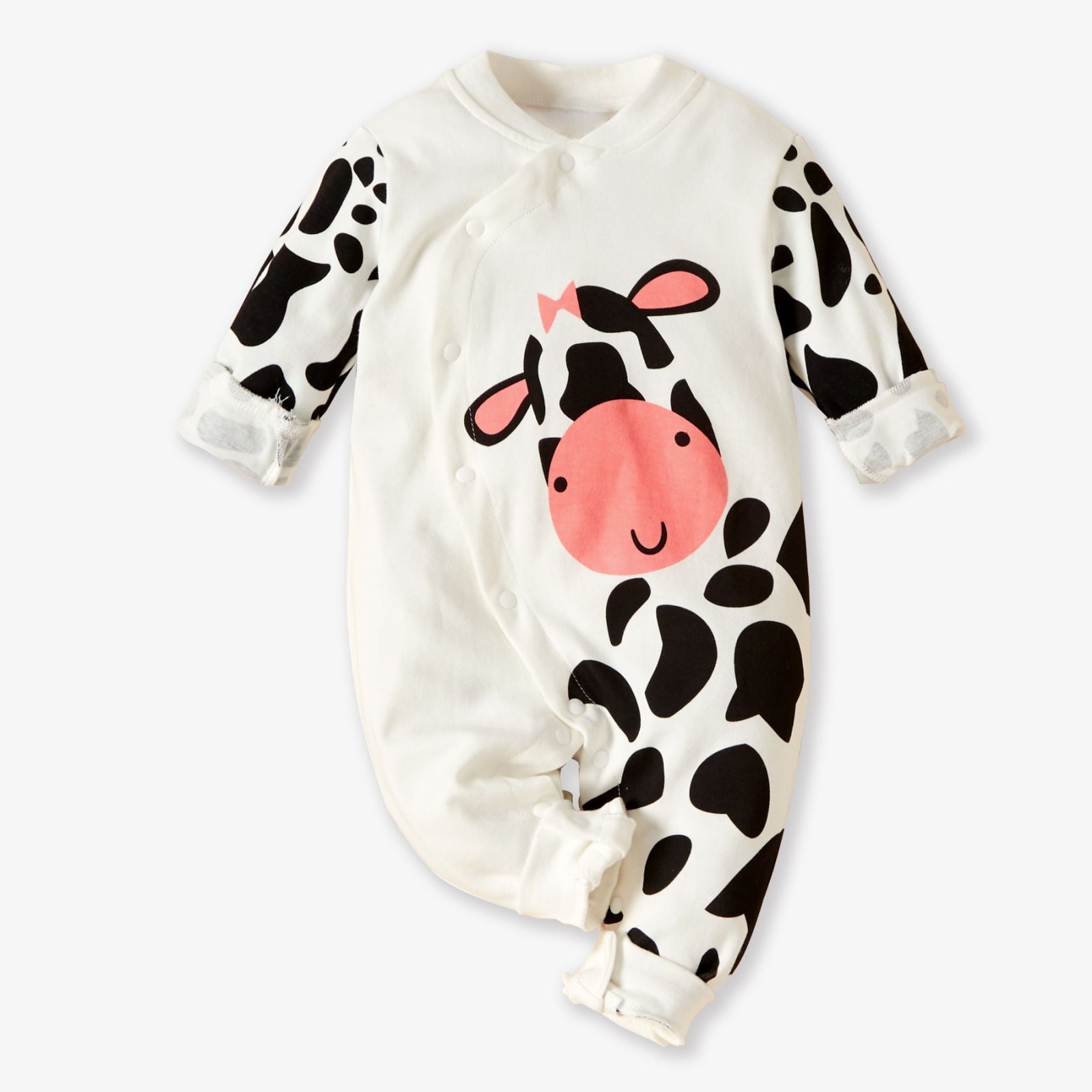 PatPat 100% Cotton Cow Print Long Sleeve White Baby Jumpsuit,Newborn Girl Boy Snap Closure Bodysuit Romper,0-12Month