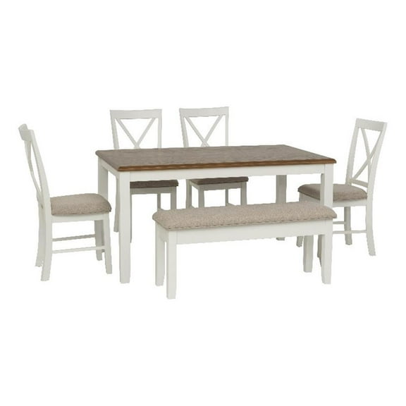 Linon Jane 6 Piece Upholstered Dining Set in Vanilla White and Honey Brown Wood