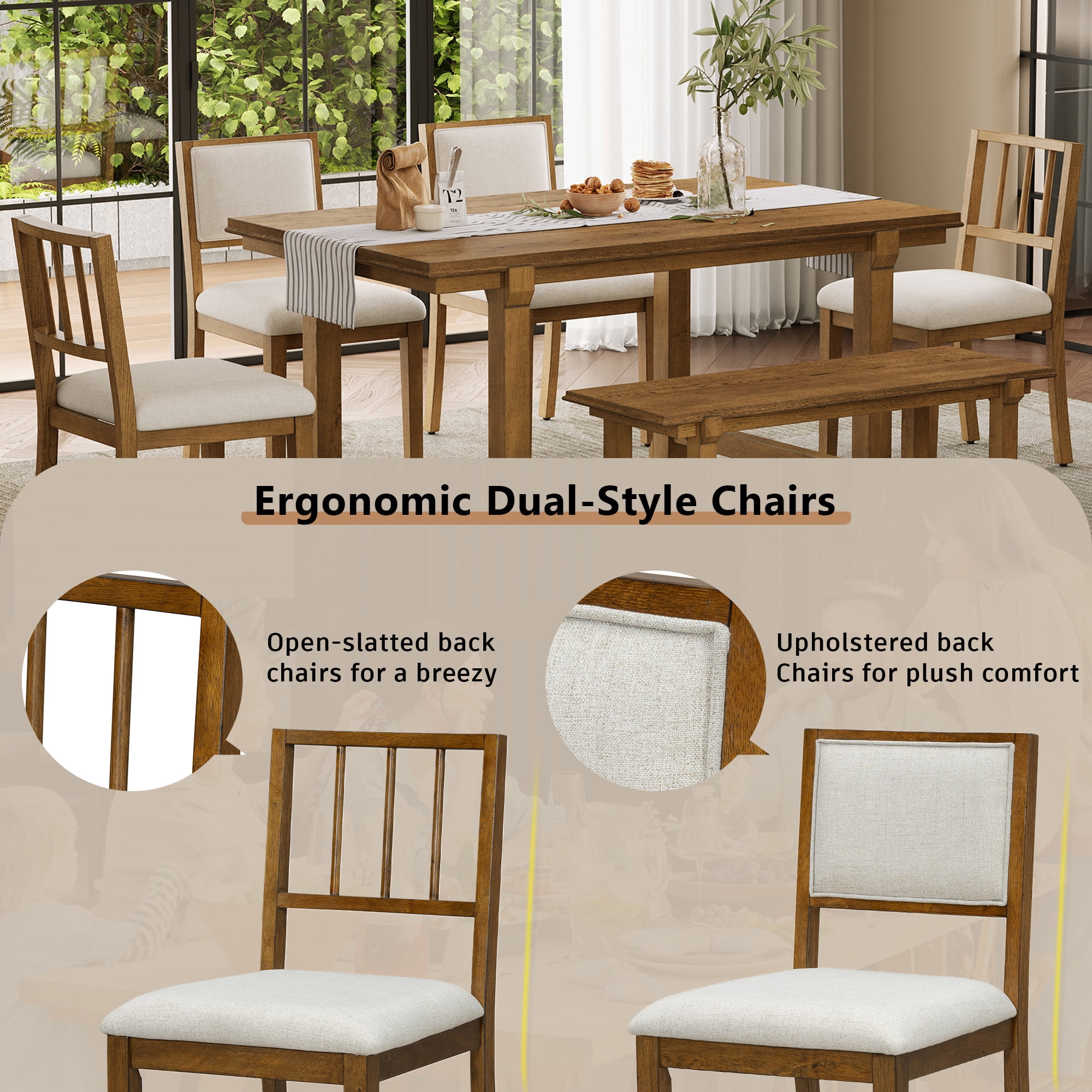 Euroco 6-Piece Farmhouse Dining Table Set for 6, 59.8" Space Saving Kitchen Table & Chairs Set with Wood Frame,Ideal for Kitchen & Dining Room, Restaurant,Walnut