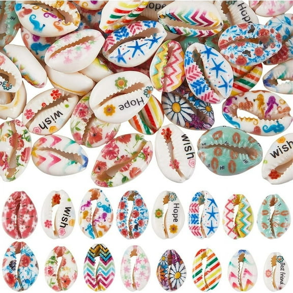 1 Box 64Pcs 16 Styles Natural Seashell Beads Cowrie Shells Bulk Colorful Printed Summer Ocean Beach Sea Shell Decoration Spacer Bead for Jewelry Making Necklace Bracelet DIY Crafts Supplies Colorful