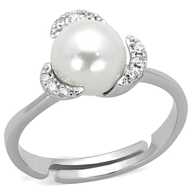 Alamode 3W722-9 Women Rhodium Brass Ring with Synthetic in White - Size 9