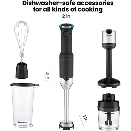 Chefman Cordless 5-in-1 Immersion Blender Set, Ice Crushing, Masher, Whisk, Chopper, Stainless Steel - Black