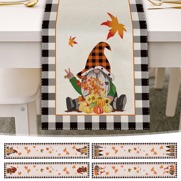 Nkmbld Rustic Table Cover Decoration Thanksgiving Gnomes and Pumpkins Soft Washable Kitchen Table Runner Long Tablecloth, Multicolor