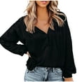thumbnail image 1 of Pompotops Ladies Solid Color V-Neck Lantern Long-Sleeved Button Casual Shirt Top, 1 of 9
