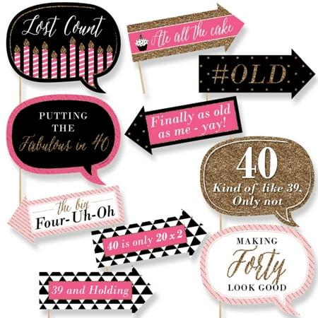 Funny Chic 40th Birthday - Pink, Black and Gold - Birthday Party Photo Booth Props Kit - 10
