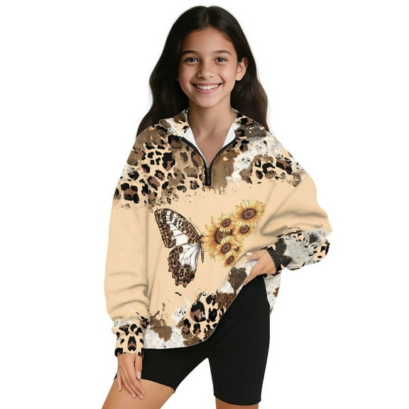 COEQINE Girls Polyester Sweatshirt, Quarter Zip Pullover Long Sleeve Loose Fit T-Shirts, Printed Casual Wear Tees for Kids and Youth 5-6 Years, Butterfly Sunflower Cow Leopard Print