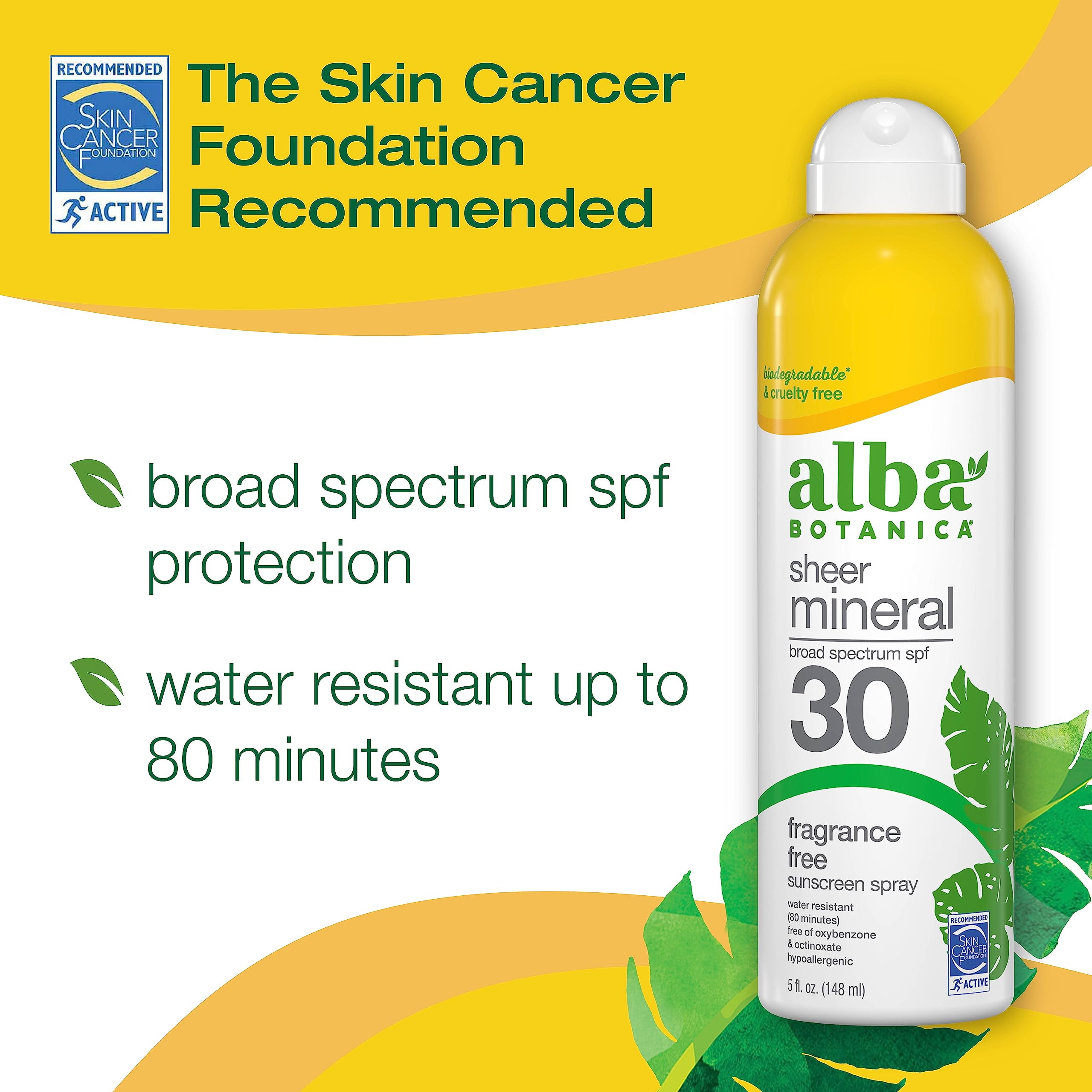 Alba Botanica Sheer Mineral Sunscreen Spray, Spf 30, Fragrance-Free Broad Spectrum, Water Resistant And Biodegradable, 5 Fl. Oz. Bottle