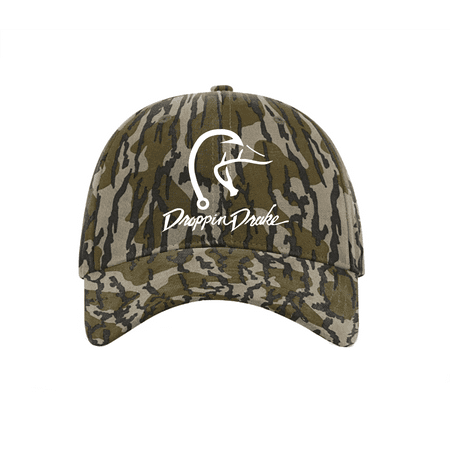 Droppin Drake Hunting Cap Duck Fishing Hook Embroidered Mens Casual Twill Camo Strapback-Bottomland White Thread